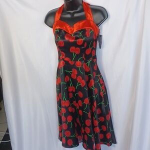 Dresstells 50s Cocktail Halter Dress, swing skirt, cherry pattern, corset, sz S